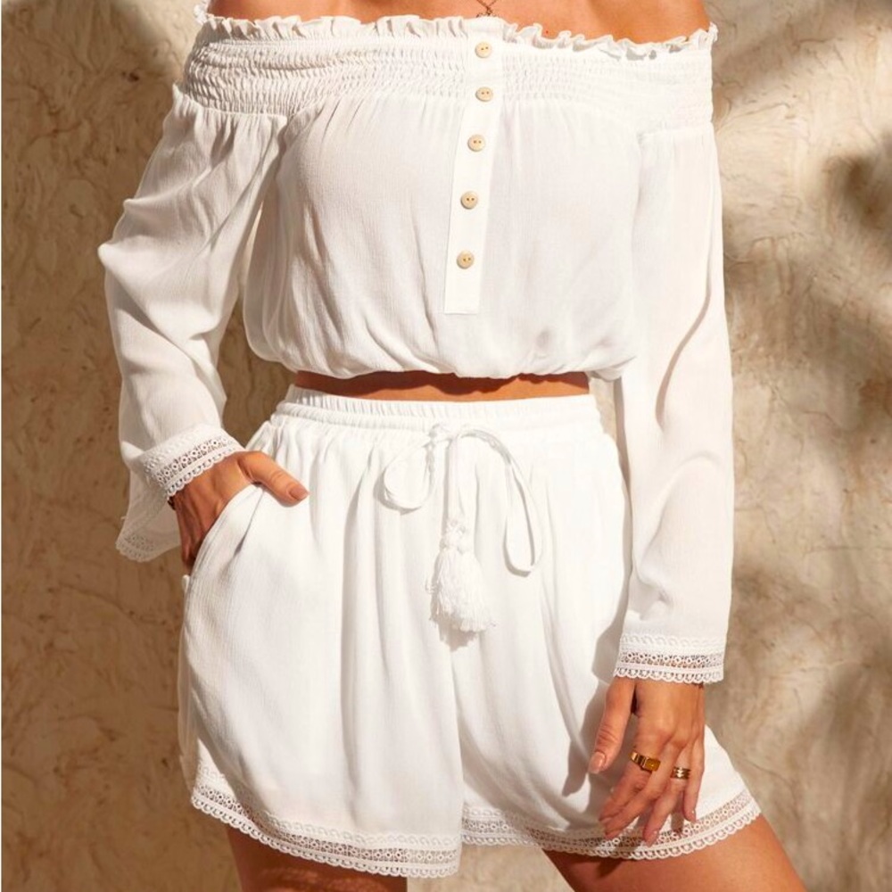 2pc Set Emery Rose Off Shoulder Crop Top Shorts Womens Large Lace Trim Beachwear